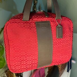 Coach Red and Brown Toiletry + Cosmetic Bag